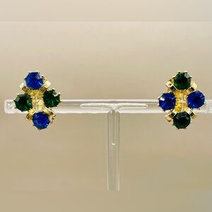 Vintage green and blue rhinestone stud clip on earrings. Lightweight. Gold tone